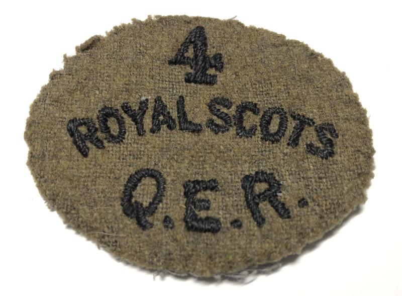4 / ROYAL SCOTS  / Q.E.R. rare WW1 cloth shoulder title.