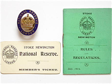 WW1 London National Reserve mufti badge, member?s ticket & rulebook