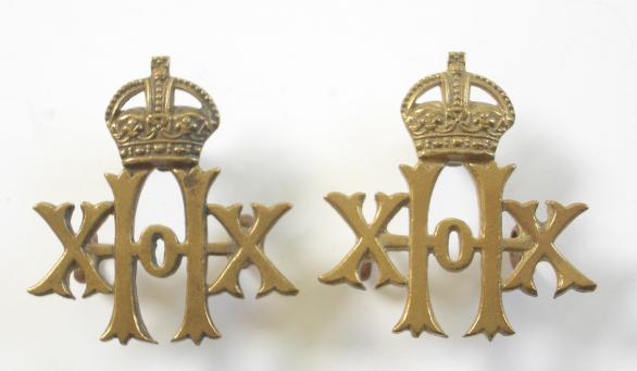 20th Hussars pair of brass collar badges circa 1902-22 by JR Gaunt, London