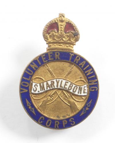 St. Marylebone Volunteer Training Corps scarce  WW1 VTC lapel / mufti badge by Toye of Theobalds Rd. London. .
