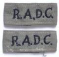 R.A.D.C. Royal Army Dental Corps pair of olive drab Jungle Green slip-on titles