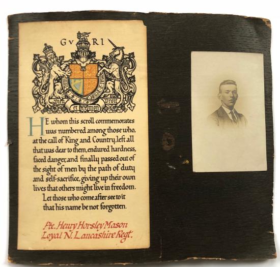 WW1 1918 9th Loyal North Lancashire Regiment Memorial Scroll.