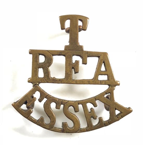 T / RFA / ESSEX brass Royal Field Artillery shoulder title circa 1908-21.