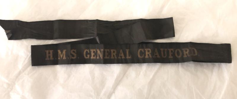 HMS GENERAL CRAUFORD. WW1 Royal Navy sailor's cap tally/ribbon