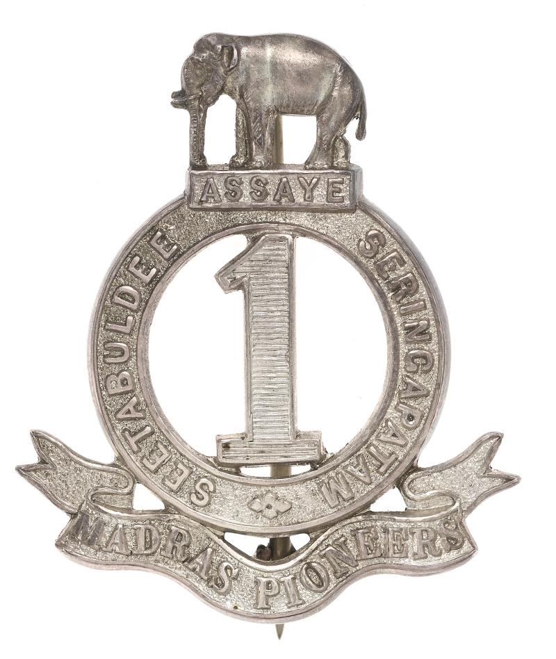 1st Madras Pioneers Indian Army Officer's 1927 hallmarked silver pagri badge by Gaunt.