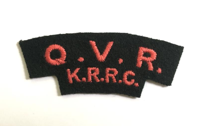 Q.V.R. / K.R.R.C. Queen Victoria's Rifles cloth shoulder c. 1952. title.